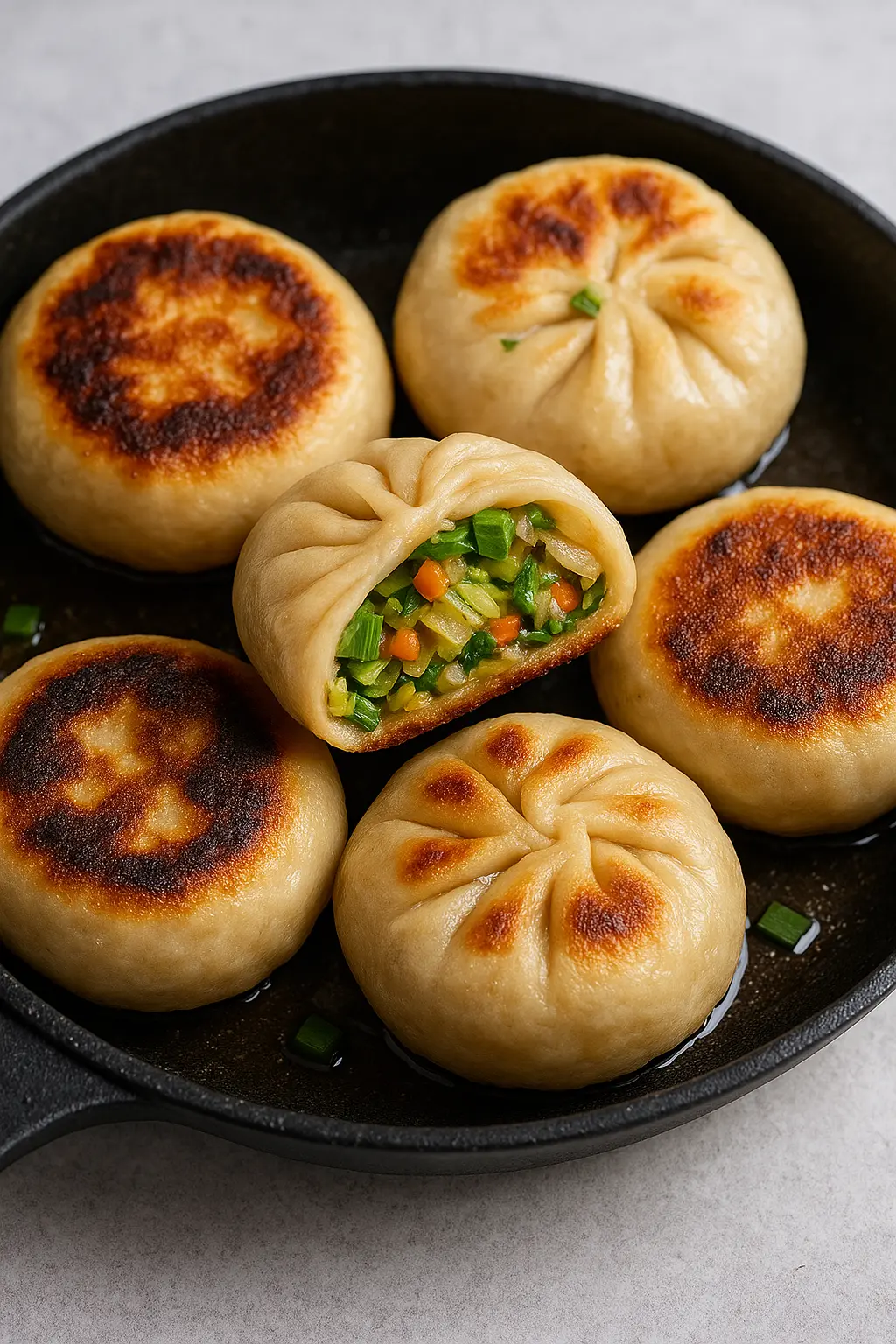 Pan-fried veggie buns with crispy golden bottoms and vibrant vegetable filling, freshly cooked in a black skillet