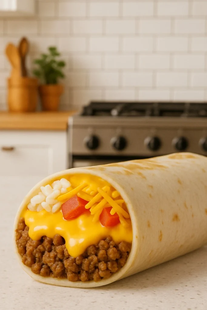 A close-up image of a cheesy double beef burrito on parchment paper, showing layers of seasoned ground beef, melted cheese, rice, and diced tomatoes inside a warm, toasted tortilla. 