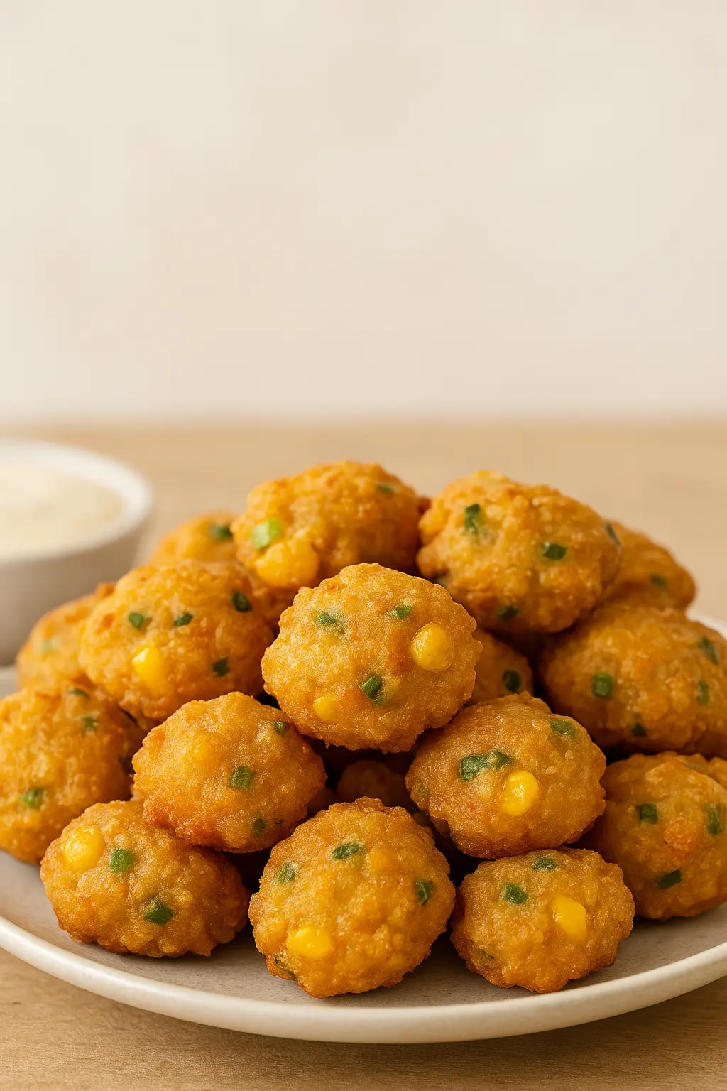Crispy jalapeño cheddar corn nuggets stacked on a plate with golden crust and spicy corn filling.