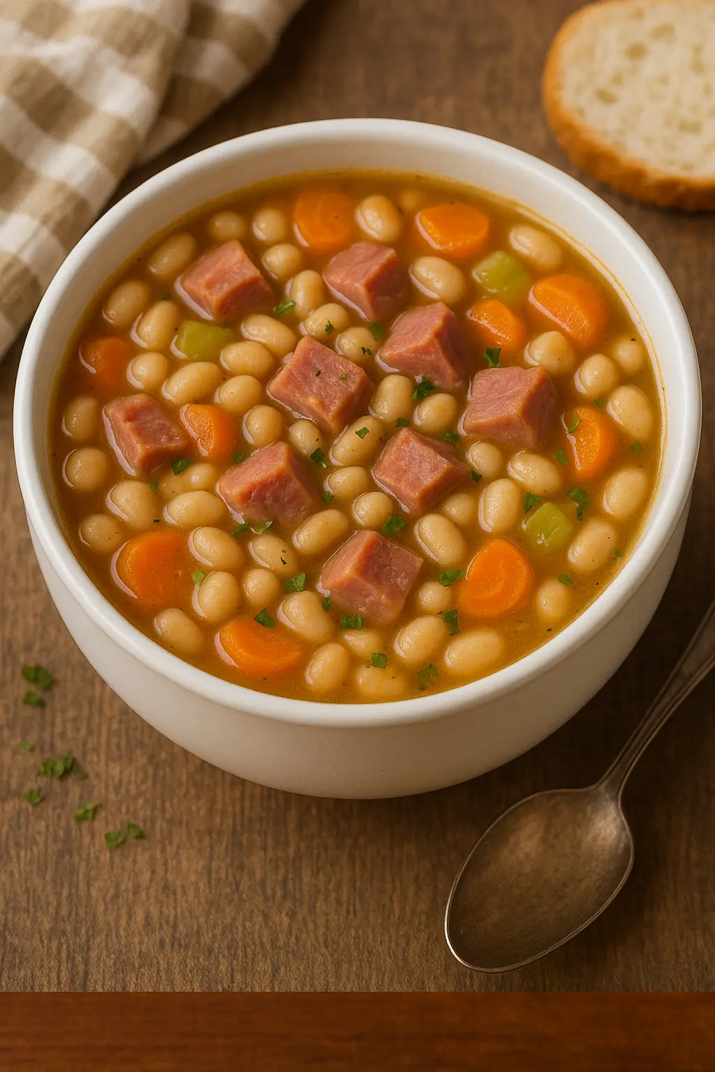 A rustic, high-resolution photo of ham and bean soup in a white ceramic bowl, filled with white beans, chunks of ham, sliced carrots, and celery in a golden broth, garnished with parsley. The bowl sits on a wooden table beside a vintage spoon, a slice of bread, and a beige checkered napkin, captured in soft natural lighting.