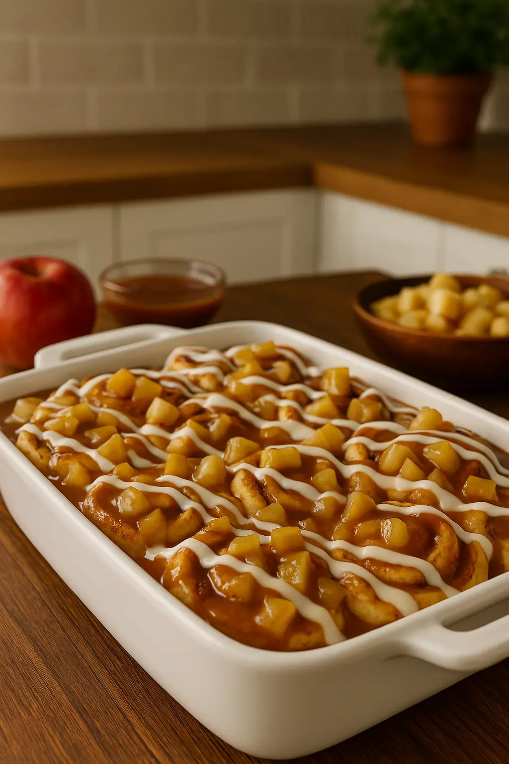 The Best 4 Steps Of Caramel Apple Cinnamon Roll Dessert Bake with Vanilla Ice Cream